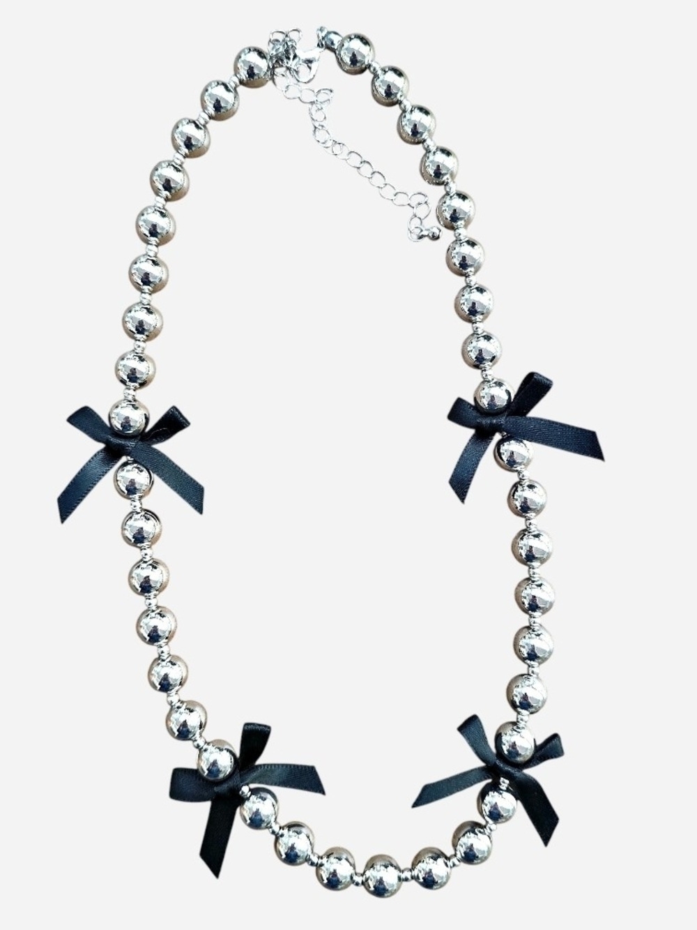 Silvertone 18" Round Bead Necklace with Black Satin Bows